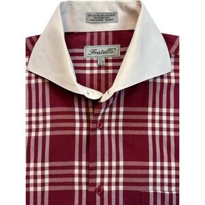 Fratello Mens Burgundy Plaid Dress Shirt Collar French Cuff Size 17.5 36/37